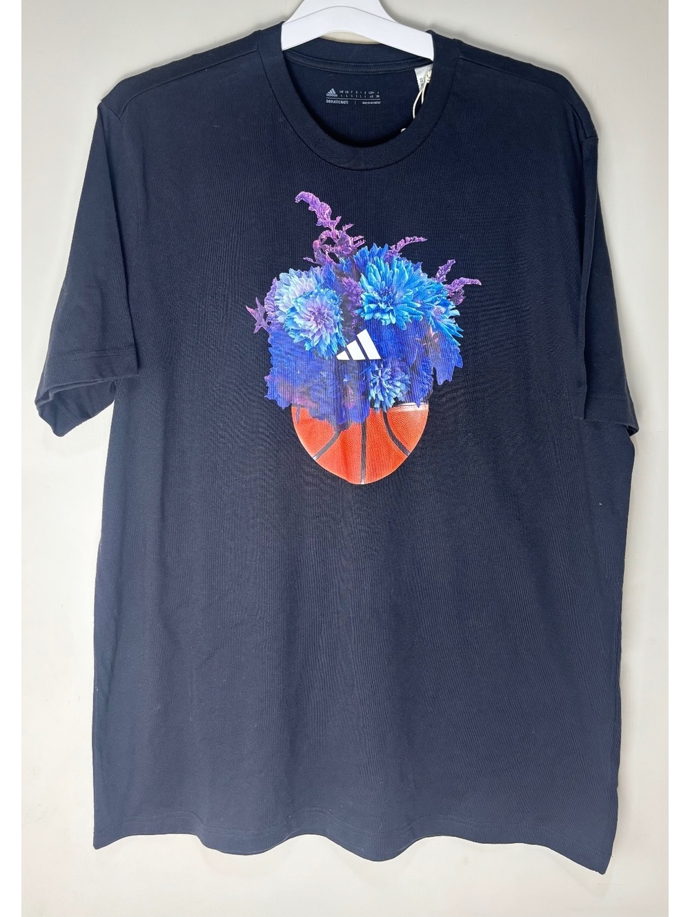 adidas Floral Hoops Graphic Tee Men’s Large Black Basketball Flowers NWT